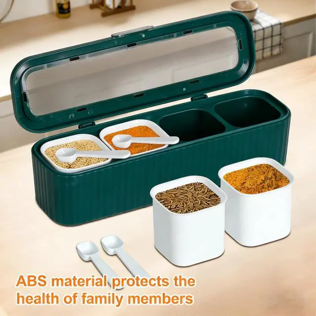 Alt view image 2 of 5 - Clear Seasoning Box, 4 Packs Seasoning Rack Spice Pots,Condiment Jars Seasoning Box with Clear Covers and Spoons for Spice, Sugar, Salt, Pepper, Garlic Powder (Green)