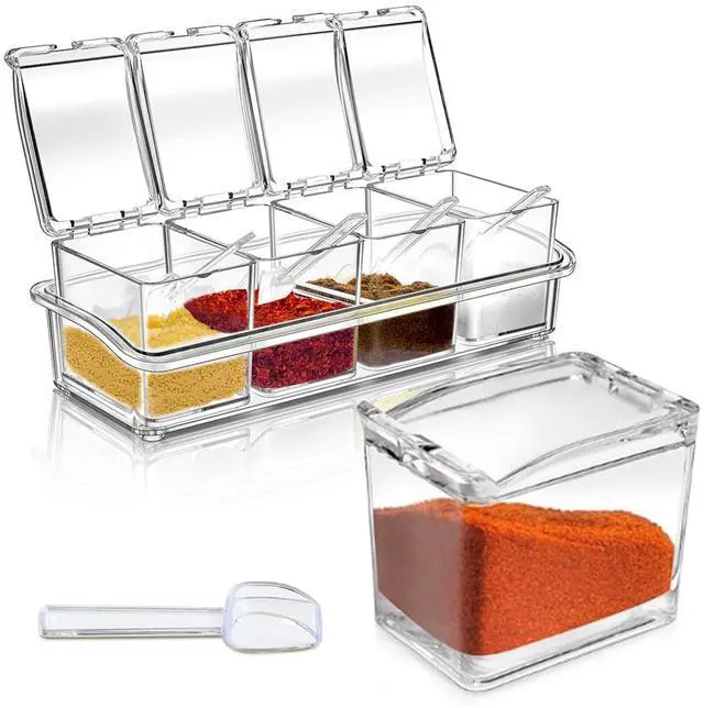Main image of 4-Cell Clear Seasoning Rack Spice Box Storage Container Condiment Jars Acrylic Seasoning Box with Cover and Spoon