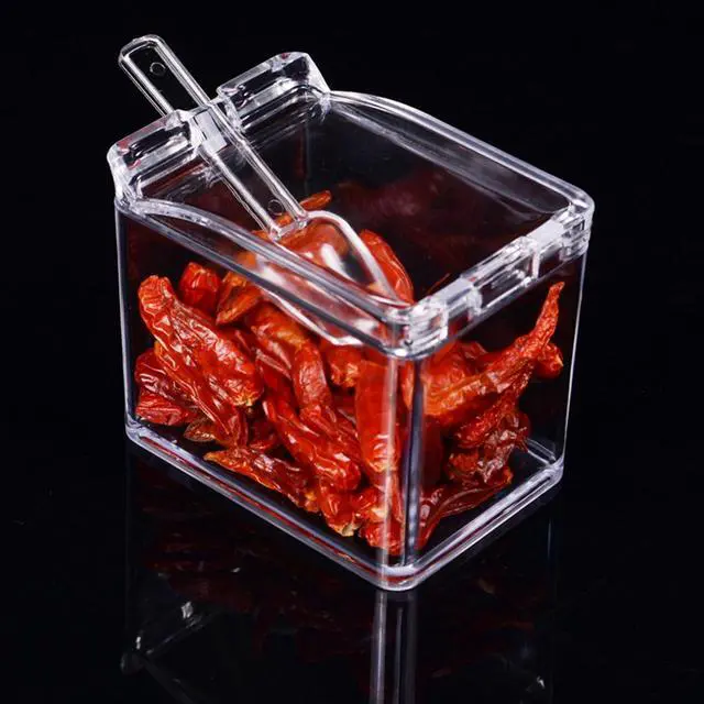Alt view image 2 of 7 - 4-Cell Clear Seasoning Rack Spice Box Storage Container Condiment Jars Acrylic Seasoning Box with Cover and Spoon