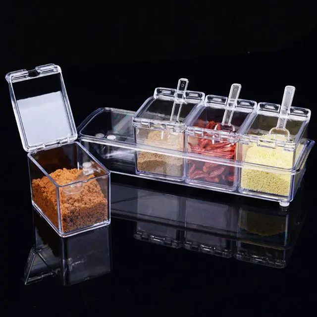 Alt view image 3 of 7 - 4-Cell Clear Seasoning Rack Spice Box Storage Container Condiment Jars Acrylic Seasoning Box with Cover and Spoon