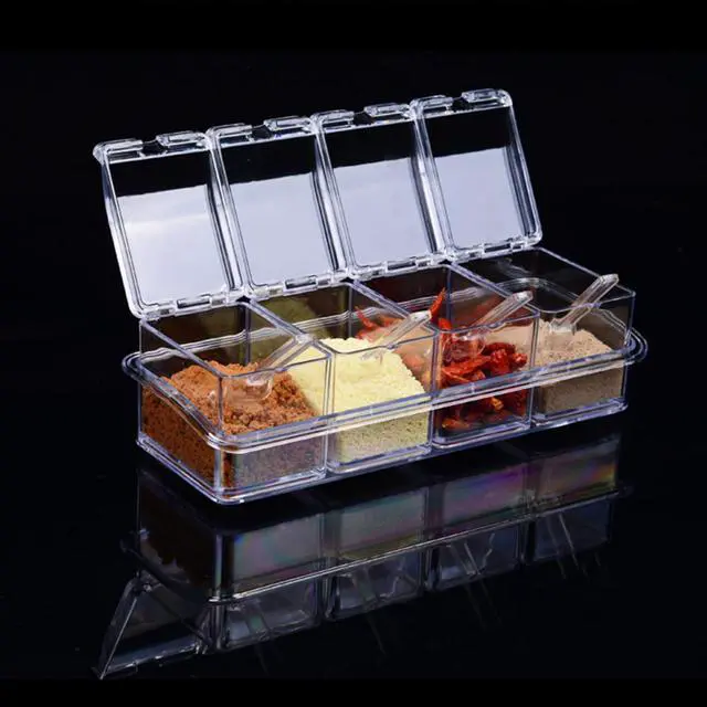 Alt view image 6 of 7 - 4-Cell Clear Seasoning Rack Spice Box Storage Container Condiment Jars Acrylic Seasoning Box with Cover and Spoon
