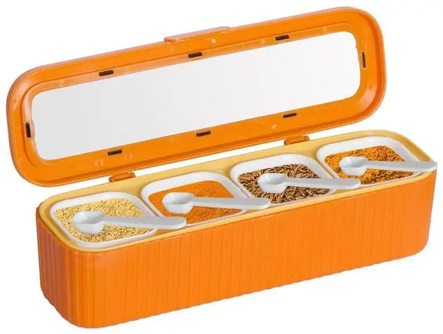Main image of Clear Seasoning Box, 4 Packs Seasoning Rack Spice Pots, Condiment Jars Seasoning Box with Clear Covers and Spoons for Spice, Sugar, Salt, Pepper, Garlic Powder (Orange)