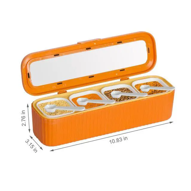 Alt view image 2 of 7 - Clear Seasoning Box, 4 Packs Seasoning Rack Spice Pots, Condiment Jars Seasoning Box with Clear Covers and Spoons for Spice, Sugar, Salt, Pepper, Garlic Powder (Orange)