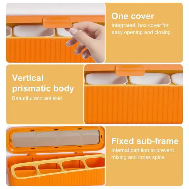 Alt view image 5 of 7 - Clear Seasoning Box, 4 Packs Seasoning Rack Spice Pots, Condiment Jars Seasoning Box with Clear Covers and Spoons for Spice, Sugar, Salt, Pepper, Garlic Powder (Orange)