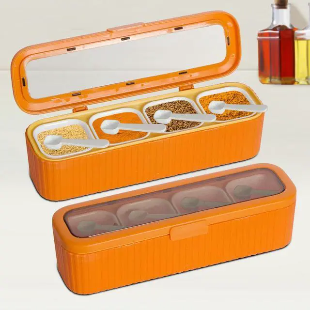 Alt view image 7 of 7 - Clear Seasoning Box, 4 Packs Seasoning Rack Spice Pots, Condiment Jars Seasoning Box with Clear Covers and Spoons for Spice, Sugar, Salt, Pepper, Garlic Powder (Orange)