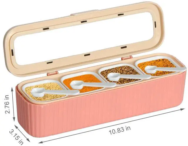 Alt view image 7 of 7 - Clear Seasoning Box, 4 Packs Seasoning Rack Spice Pots, Condiment Jars Seasoning Box with Clear Covers and Spoons for Spice, Sugar, Salt, Pepper, Garlic Powder (Pink)