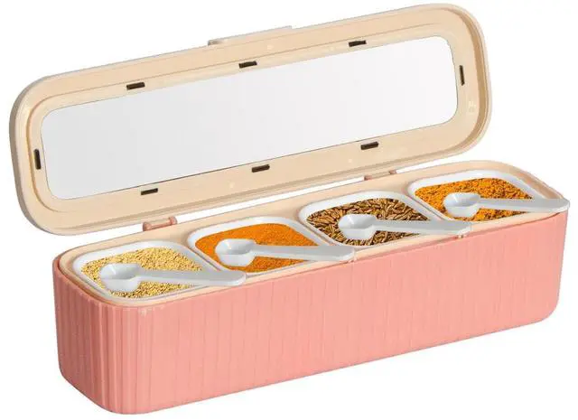 Main image of Clear Seasoning Box, 4 Packs Seasoning Rack Spice Pots, Condiment Jars Seasoning Box with Clear Covers and Spoons for Spice, Sugar, Salt, Pepper, Garlic Powder (Pink)