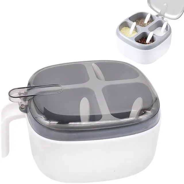 Main image of Seasoning Box with Lid and Spoon, 4 Compartment Spice Pots with Handle, Home Kitchen Condiment Jars for Sugar Salt Pepper
