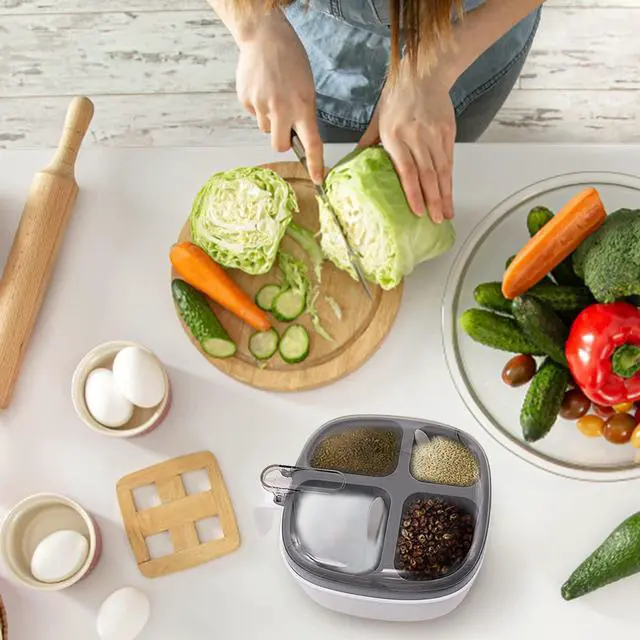Alt view image 7 of 7 - Seasoning Box with Lid and Spoon, 4 Compartment Spice Pots with Handle, Home Kitchen Condiment Jars for Sugar Salt Pepper