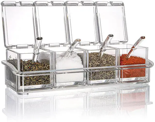 Main image of Clear Seasoning Rack Spice Pots - 4 Piece Storage Container Condiment Jars - Acrylic Seasoning Box, Cruet with Cover and Spoon