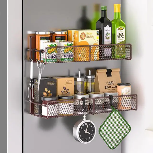 Main image of Magnetic Spice Rack for Refrigerator, 2 Pack 100% Metal Strong Magnet Shelf, Space Saving Spice Organizer W/ Hooks, Movable Magnetic Fridge Shelf, Kitchen Home Laundry Room Storage Organization, Brown