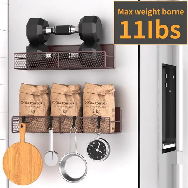 Alt view image 4 of 6 - Magnetic Spice Rack for Refrigerator, 2 Pack 100% Metal Strong Magnet Shelf, Space Saving Spice Organizer W/ Hooks, Movable Magnetic Fridge Shelf, Kitchen Home Laundry Room Storage Organization, Brown
