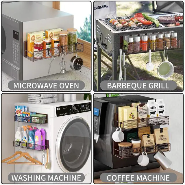 Alt view image 6 of 6 - Magnetic Spice Rack for Refrigerator, 2 Pack 100% Metal Strong Magnet Shelf, Space Saving Spice Organizer W/ Hooks, Movable Magnetic Fridge Shelf, Kitchen Home Laundry Room Storage Organization, Brown