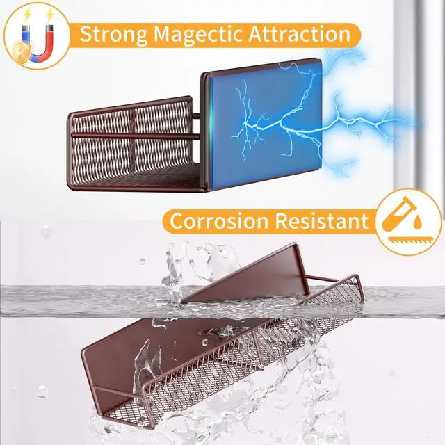 Alt view image 3 of 6 - Magnetic Spice Rack for Refrigerator, 2 Pack 100% Metal Strong Magnet Shelf, Space Saving Spice Organizer W/ Hooks, Movable Magnetic Fridge Shelf, Kitchen Home Laundry Room Storage Organization, Brown