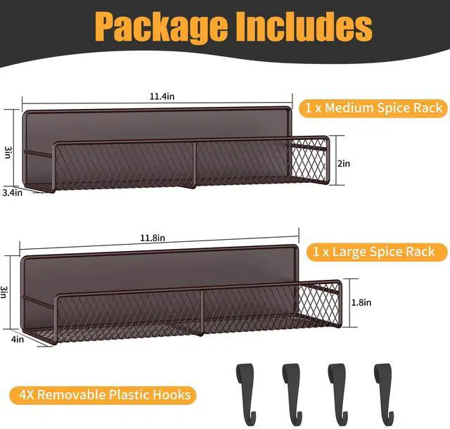 Alt view image 2 of 6 - Magnetic Spice Rack for Refrigerator, 2 Pack 100% Metal Strong Magnet Shelf, Space Saving Spice Organizer W/ Hooks, Movable Magnetic Fridge Shelf, Kitchen Home Laundry Room Storage Organization, Brown