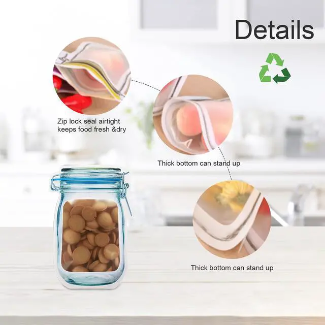 Alt view image 2 of 6 - 20 Pack Mason Jar Zipper Bags, Reusable Snack Food Storage Bags for Kitchen Sandwich Picnic Organizer