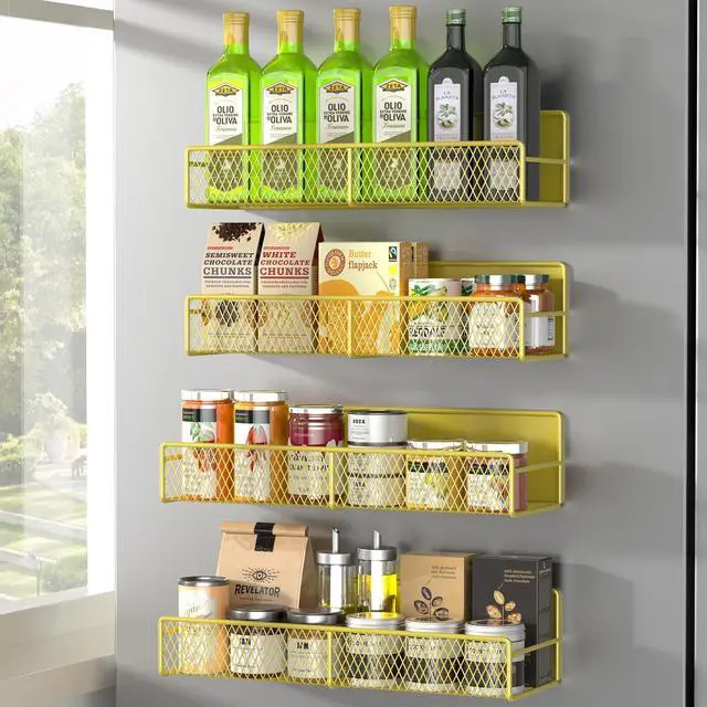 Main image of Magnetic Spice Rack for Refrigerator, 4 Pack 100% Metal Strong Magnet Fridge Shelves, Space Saving Spice Organizer, No Drilling Moveable Home Kitchen Laundry Room Storage Organization, Yellow