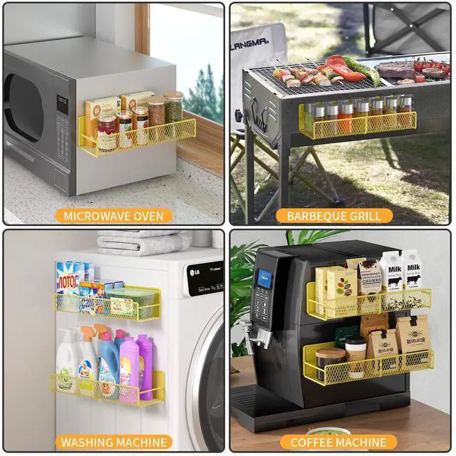 Alt view image 6 of 6 - Magnetic Spice Rack for Refrigerator, 4 Pack 100% Metal Strong Magnet Fridge Shelves, Space Saving Spice Organizer, No Drilling Moveable Home Kitchen Laundry Room Storage Organization, Yellow