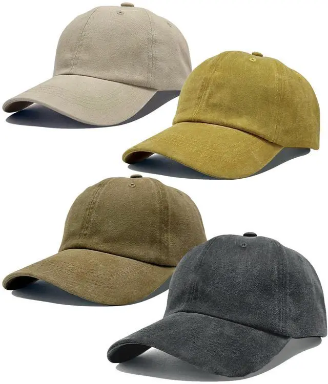 Main image of 4 Pack Retro Vintage Baseball Washed Plain Cap Cotton Adjustable Twill Bulk Low Profile Classic Dad Hat for Men Women Outdoor Sports (Black Khaki Dark Khaki Yellow)