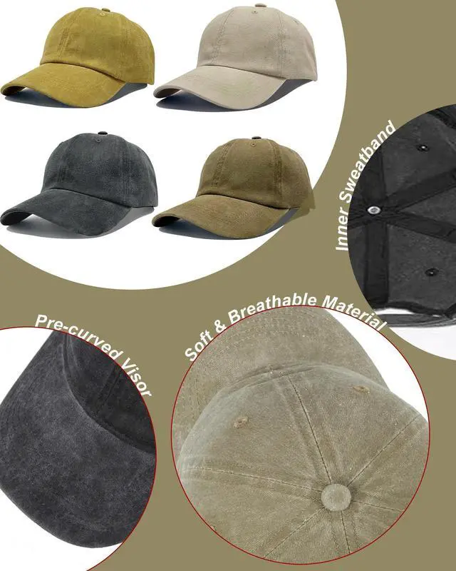 Alt view image 3 of 7 - 4 Pack Retro Vintage Baseball Washed Plain Cap Cotton Adjustable Twill Bulk Low Profile Classic Dad Hat for Men Women Outdoor Sports (Black Khaki Dark Khaki Yellow)