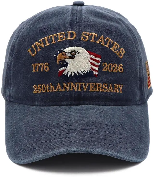 Main image of 250 Anniversary USA Hat 1776-2026, Patriotic Baseball Cap with Eagle Embroidery, Adjustable Retro Washed Commemorative Cap for Men and Women Navy Blue