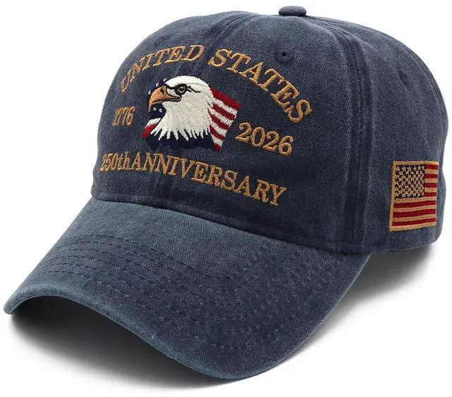 Alt view image 2 of 7 - 250 Anniversary USA Hat 1776-2026, Patriotic Baseball Cap with Eagle Embroidery, Adjustable Retro Washed Commemorative Cap for Men and Women Navy Blue