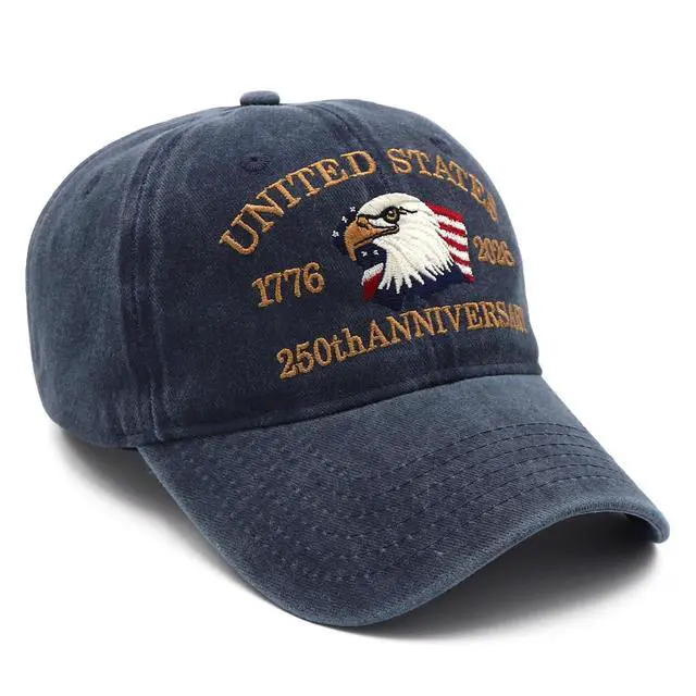 Alt view image 3 of 7 - 250 Anniversary USA Hat 1776-2026, Patriotic Baseball Cap with Eagle Embroidery, Adjustable Retro Washed Commemorative Cap for Men and Women Navy Blue