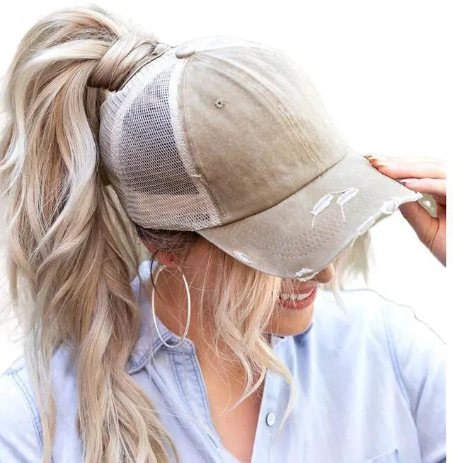 Main image of Womens Ponytail High Messy Bun Hats Distressed Baseball Caps Unconstructed Washed Dad Hat Girls Trucker Ponycaps (03-Light Khaki)