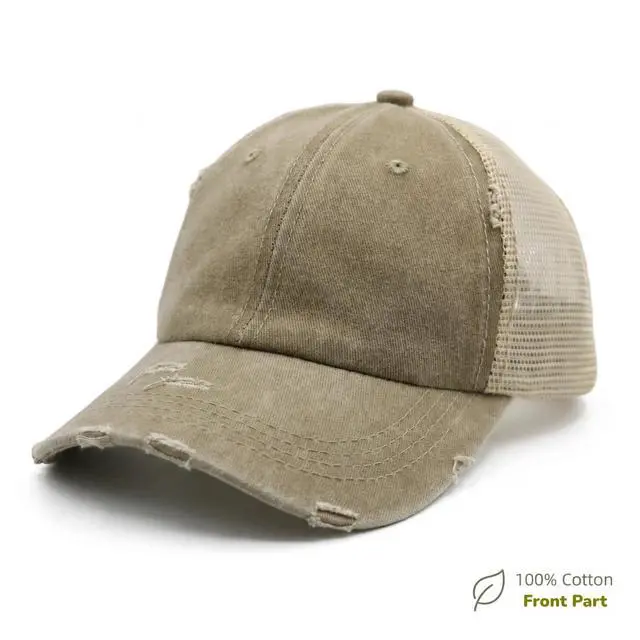 Alt view image 2 of 7 - Womens Ponytail High Messy Bun Hats Distressed Baseball Caps Unconstructed Washed Dad Hat Girls Trucker Ponycaps (03-Light Khaki)