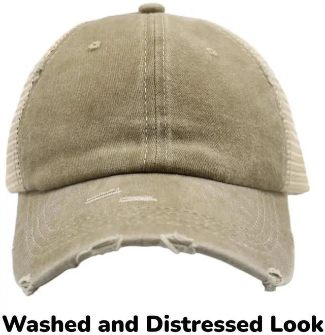 Alt view image 4 of 7 - Womens Ponytail High Messy Bun Hats Distressed Baseball Caps Unconstructed Washed Dad Hat Girls Trucker Ponycaps (03-Light Khaki)