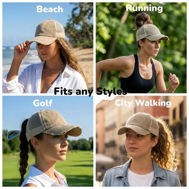 Alt view image 3 of 7 - Womens Ponytail High Messy Bun Hats Distressed Baseball Caps Unconstructed Washed Dad Hat Girls Trucker Ponycaps (03-Light Khaki)