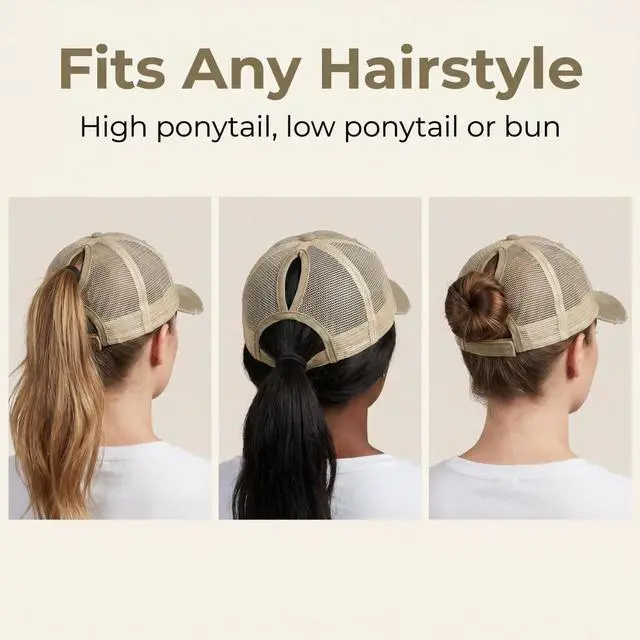 Alt view image 5 of 7 - Womens Ponytail High Messy Bun Hats Distressed Baseball Caps Unconstructed Washed Dad Hat Girls Trucker Ponycaps (03-Light Khaki)
