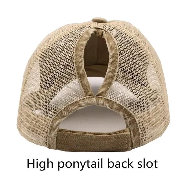 Alt view image 6 of 7 - Womens Ponytail High Messy Bun Hats Distressed Baseball Caps Unconstructed Washed Dad Hat Girls Trucker Ponycaps (03-Light Khaki)