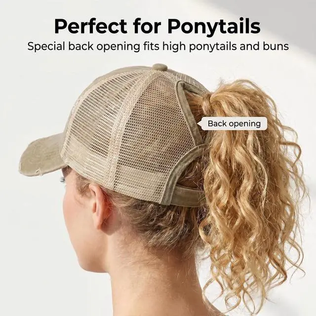 Alt view image 7 of 7 - Womens Ponytail High Messy Bun Hats Distressed Baseball Caps Unconstructed Washed Dad Hat Girls Trucker Ponycaps (03-Light Khaki)