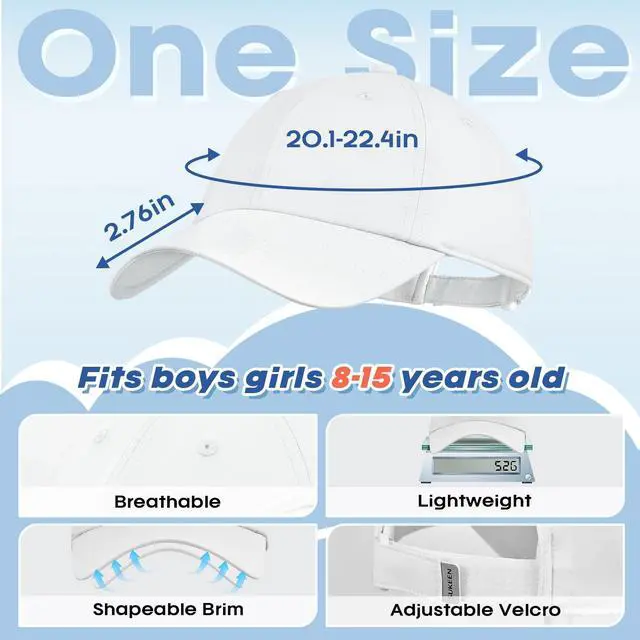 Alt view image 5 of 6 - Kids Sports Baseball Cap for Boys Girls Lightweight UPF 50+ Water Resistant Youth Plain Hat for Running, Tennis, Golf White