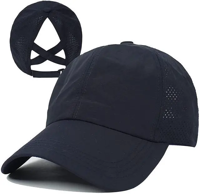 Main image of Womens Criss Cross Ponytail Baseball Cap Adjustable High Messy Bun Ponycap Trucker Hats Quick Drying Mesh Dad Hat for Outdoor Sports Travel Navy Blue