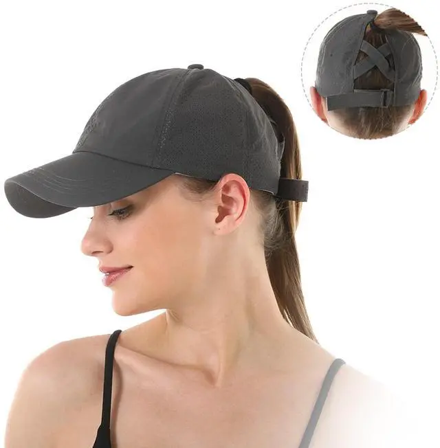 Alt view image 7 of 7 - Womens Criss Cross Ponytail Baseball Cap Adjustable High Messy Bun Ponycap Trucker Hats Quick Drying Mesh Dad Hat for Outdoor Sports Travel Navy Blue