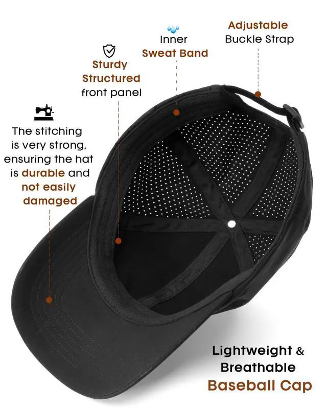 Alt view image 3 of 7 - Lightweight Quick Dry Baseball Cap Breathable Tucker Hat Laser Cut Air Mesh-Back Cooling Golf Hat, Black