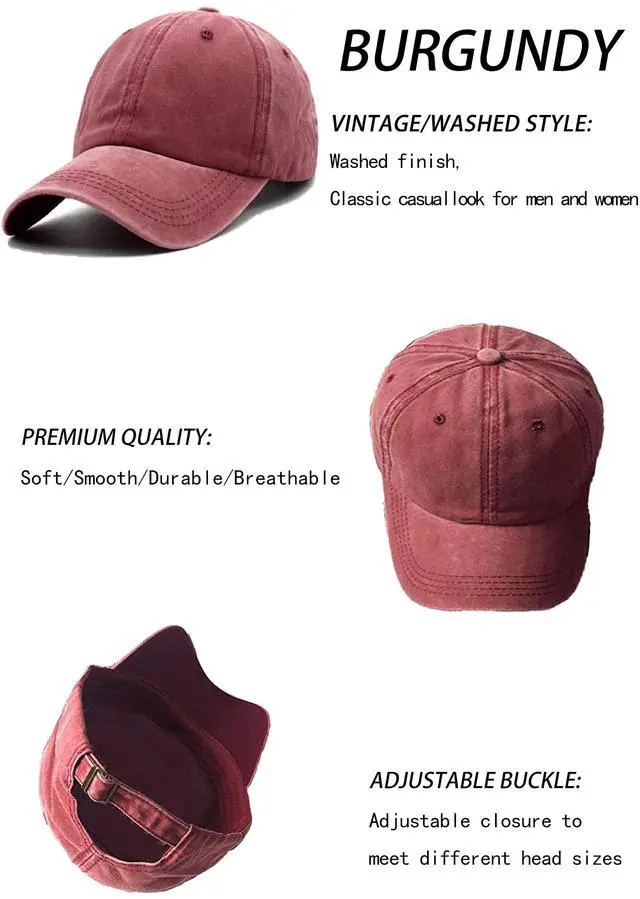 Alt view image 2 of 5 - Unisex Vintage Washed Distressed Baseball Cap Twill Adjustable Dad Hat,C-burgundy,One Size