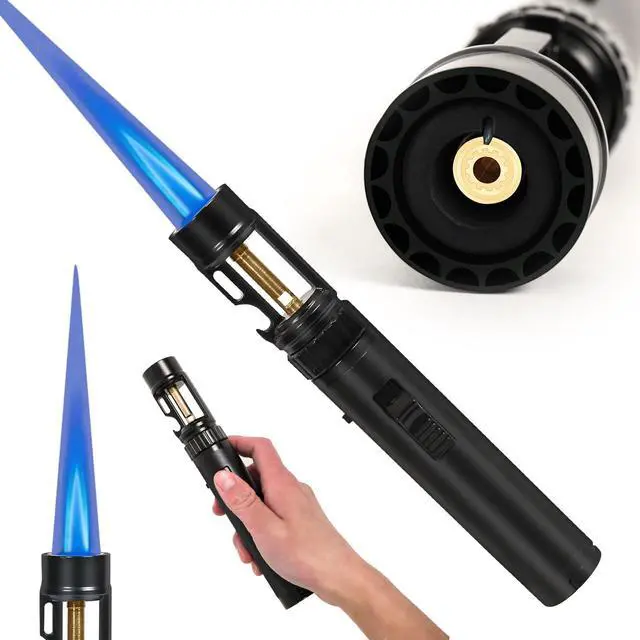 Main image of Torch Lighter, Bright Fire Lighter with Safety Lock and Adjustable Blue Flame, Refillable Butane Gas Windproof Jet Flame Cool Lighters, for Candles Campfires BBQ Baking, Camping, Gift (Black)