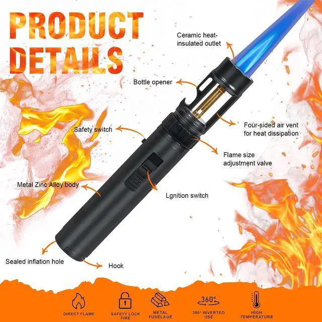 Alt view image 2 of 7 - Torch Lighter, Bright Fire Lighter with Safety Lock and Adjustable Blue Flame, Refillable Butane Gas Windproof Jet Flame Cool Lighters, for Candles Campfires BBQ Baking, Camping, Gift (Black)