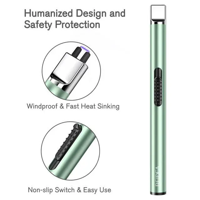 Alt view image 2 of 6 - Lighter S4 Electronic Candle Lighter USB Rechargeable with Security Lock, Windproof Fast Heat Sinking, Non-Slip Switch for Candle, Grill, Camping (Mint Green)