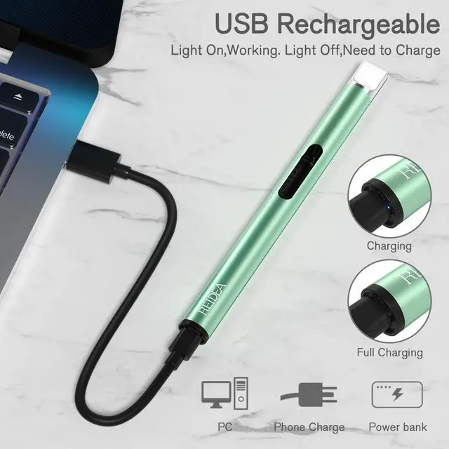 Alt view image 4 of 6 - Lighter S4 Electronic Candle Lighter USB Rechargeable with Security Lock, Windproof Fast Heat Sinking, Non-Slip Switch for Candle, Grill, Camping (Mint Green)