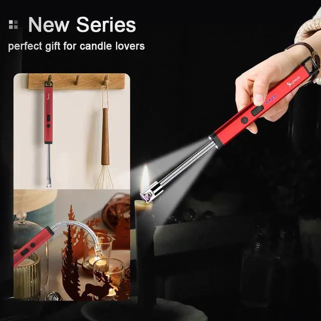 Alt view image 2 of 7 - Rechargeable Candle Lighter Electric Arc Triple Safety Long Lighter Stainless Steel Shell & Hanging Hook (Red)