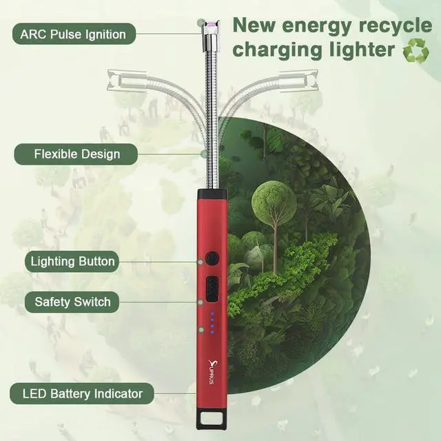 Alt view image 3 of 7 - Rechargeable Candle Lighter Electric Arc Triple Safety Long Lighter Stainless Steel Shell & Hanging Hook (Red)