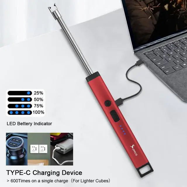 Alt view image 5 of 7 - Rechargeable Candle Lighter Electric Arc Triple Safety Long Lighter Stainless Steel Shell & Hanging Hook (Red)