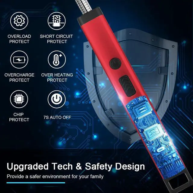 Alt view image 4 of 7 - Rechargeable Candle Lighter Electric Arc Triple Safety Long Lighter Stainless Steel Shell & Hanging Hook (Red)