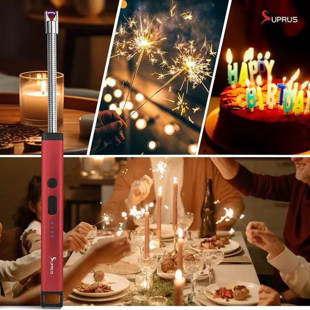 Alt view image 6 of 7 - Rechargeable Candle Lighter Electric Arc Triple Safety Long Lighter Stainless Steel Shell & Hanging Hook (Red)