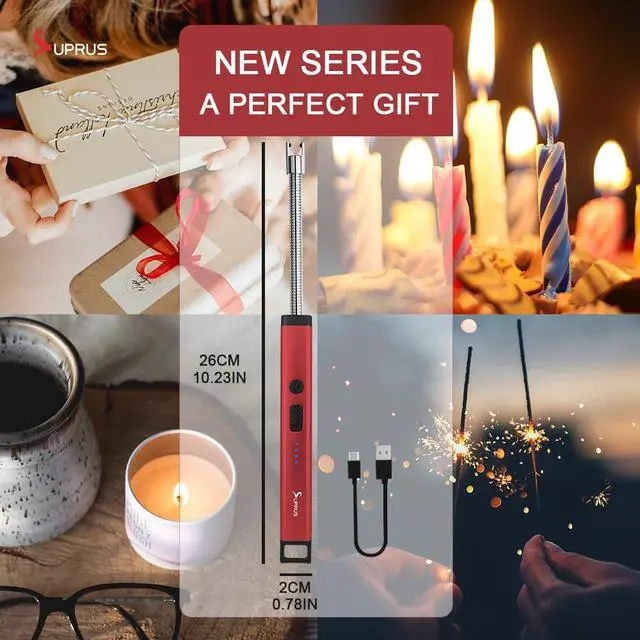 Alt view image 7 of 7 - Rechargeable Candle Lighter Electric Arc Triple Safety Long Lighter Stainless Steel Shell & Hanging Hook (Red)
