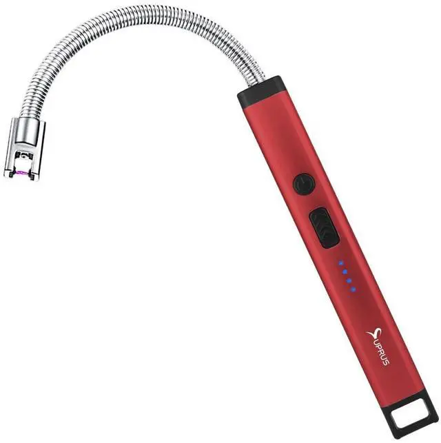 Main image of Rechargeable Candle Lighter Electric Arc Triple Safety Long Lighter Stainless Steel Shell & Hanging Hook (Red)
